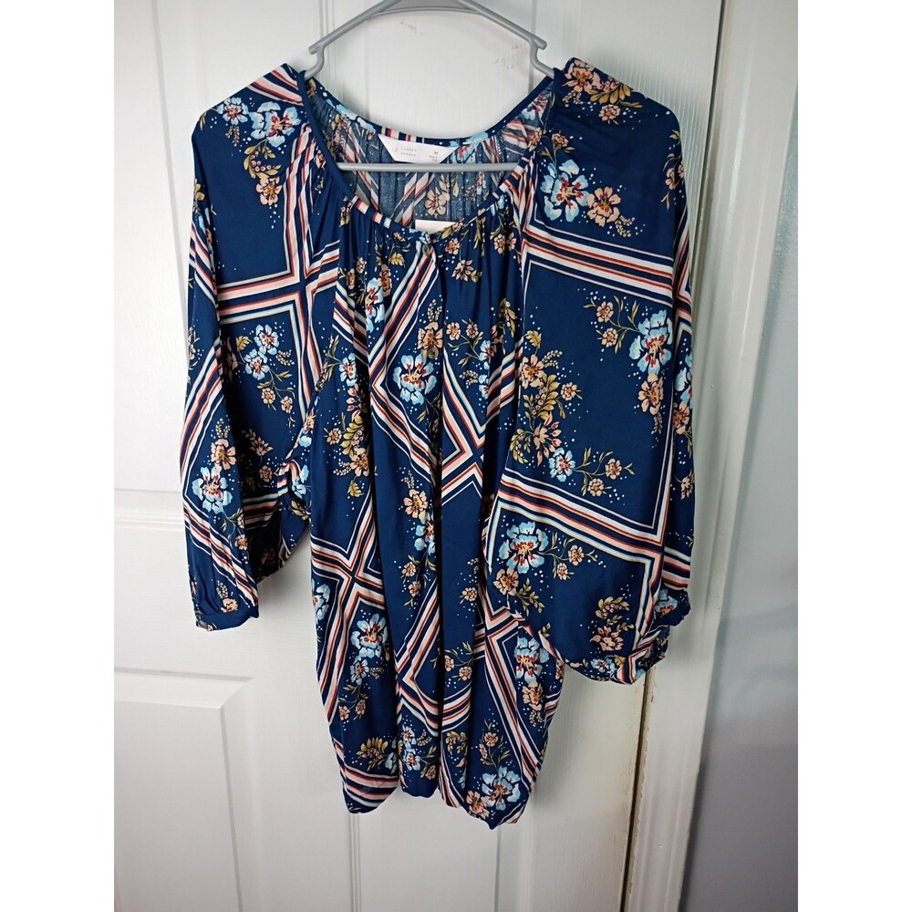 Lauren Conrad Woman M Blue Floral Puff Sleeve Button Blouse Cottage Core Pintuck